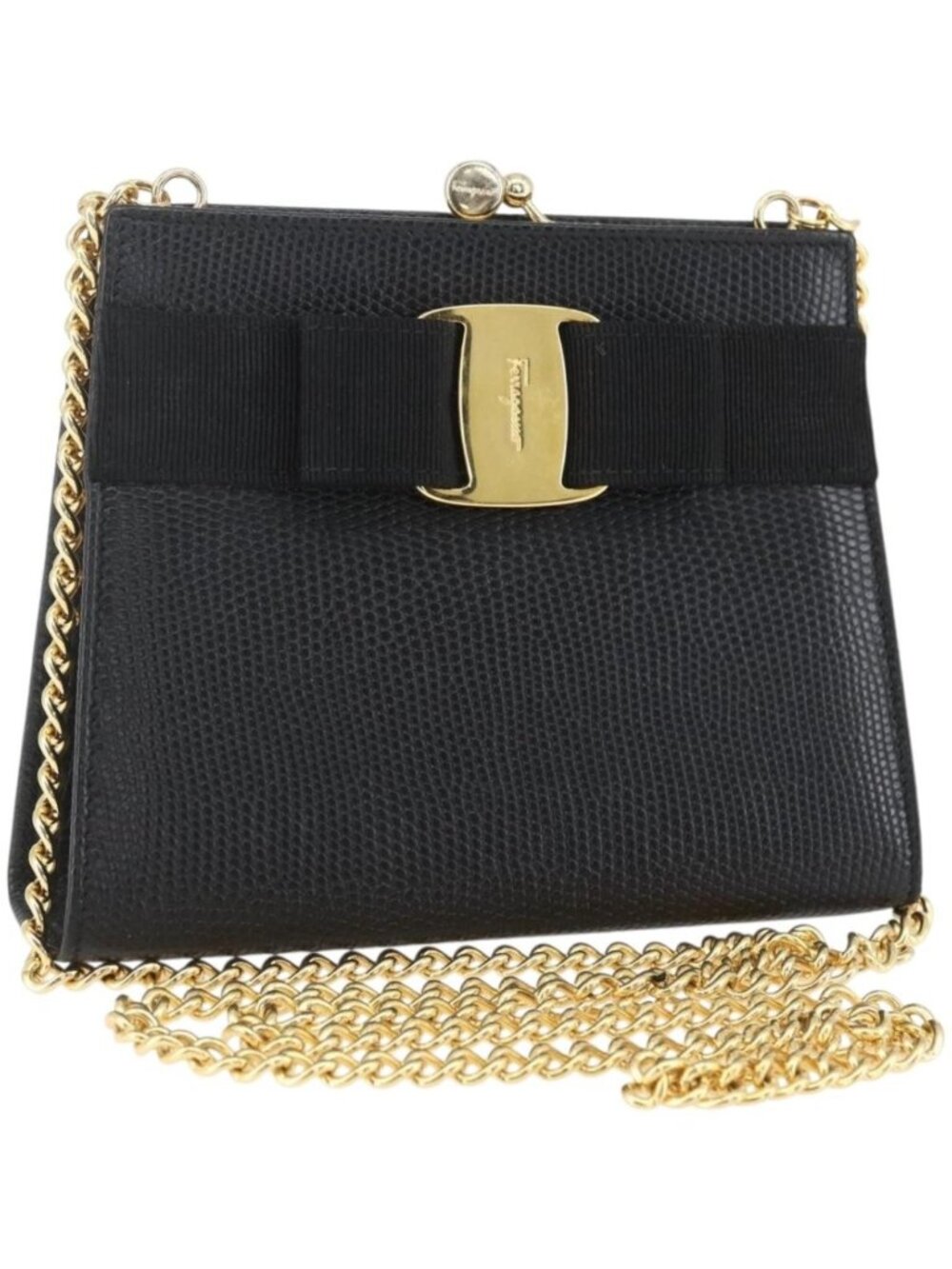 Salvatore Ferragamo Chain Vala Shoulder Bag Leather Black Gold